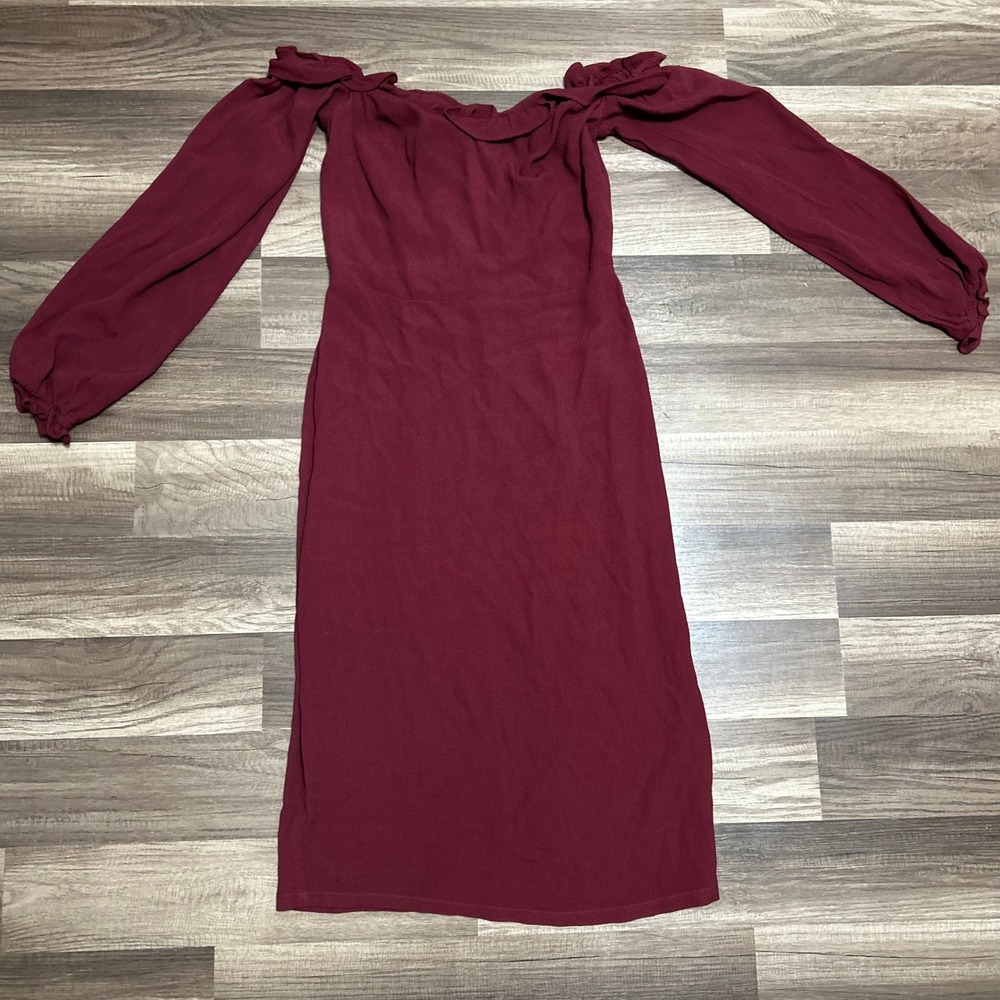 Reformation Dress 4 Burgundy Midi Off-Shoulder Ruffle Long Sleeve Dark Romance